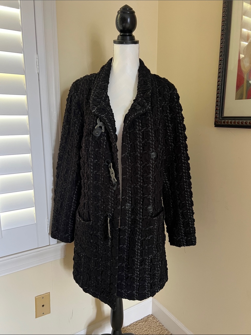Samuel Dong Black Textured Toggle Pea Coat